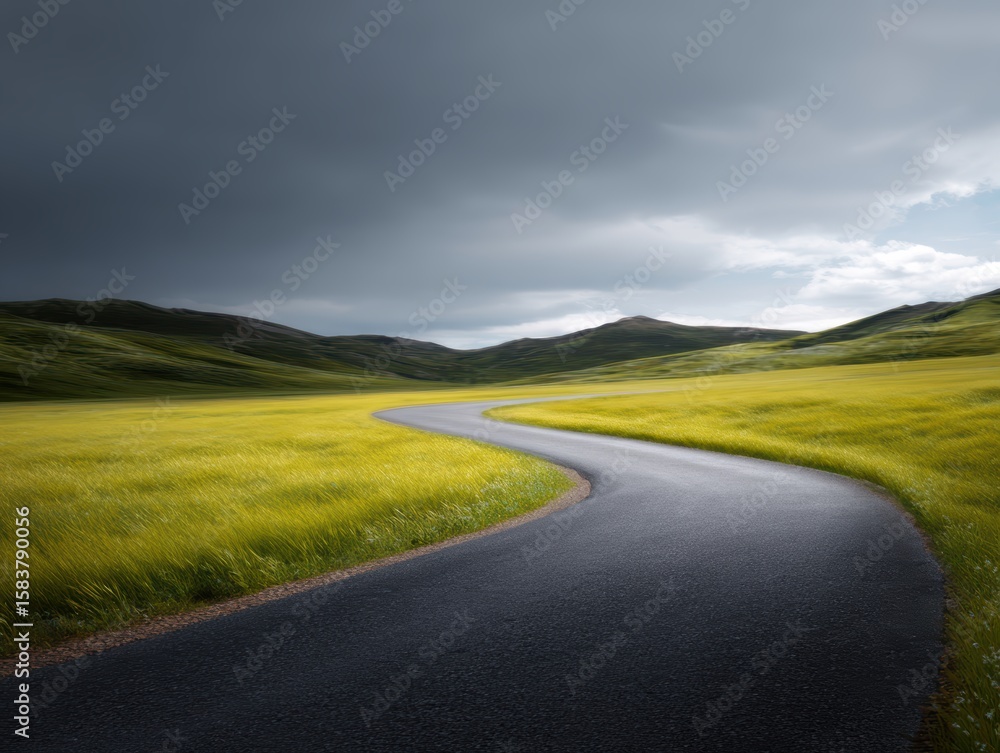 Fototapeta premium Conceptual image: A winding road leading to a picturesque distant horizon, symbolizing personal journey and exploration. Travel, adventure.