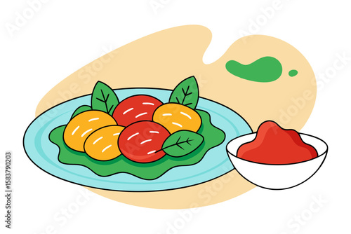 Gnocchi Platter with Pesto and Tomato Sauce Vector Design