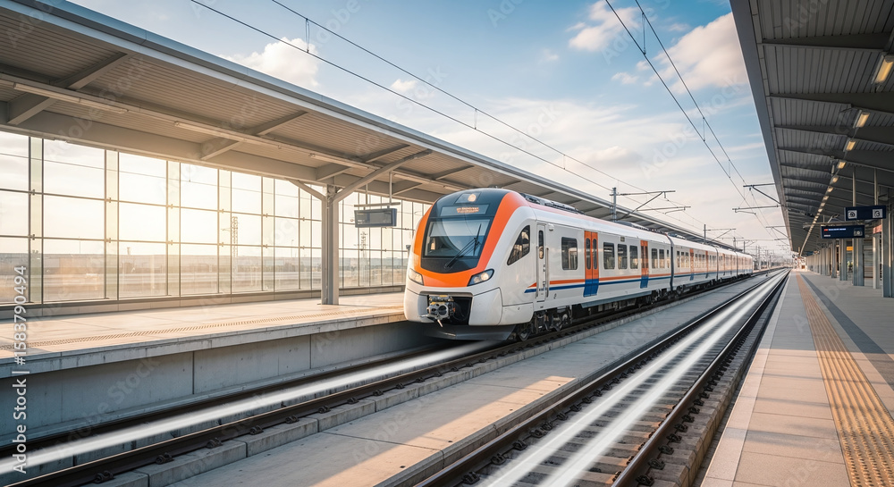 High speed train on the railway station at sunset. Industrial landscape with modern intercity passenger train on the railway platform and blue cloudy sky. Railroad in Europe. Commercial transportation High speed train on the railway station at sunset. Industrial landscape with modern intercity passenger train on the railway platform and blue cloudy sky. Railroad in Europe. Commercial transportation