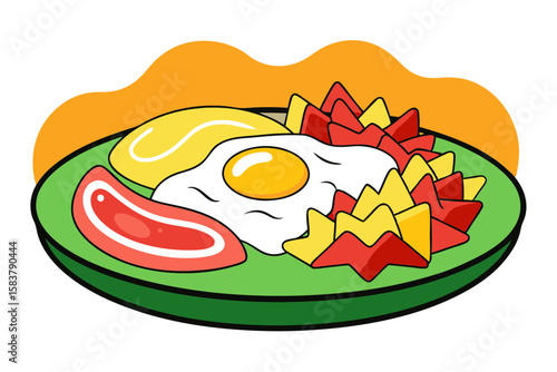 Traditional Chilaquiles Mexican Platter with Eggs and Salsa Vector Design