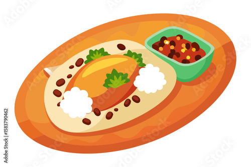 Traditional Mexican Enchilada Plate with Beans and Rice Vector Design