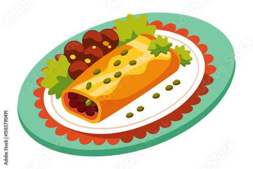Top View of Mexican Enchiladas with Rice Beans and Sauce Vector Artwork