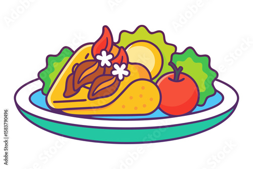 Sizzling Beef Fajitas with Bell Peppers and Wraps Mexican Vector Art