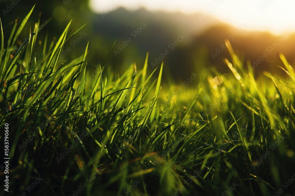 Obraz premium Lush green grass bathed in warm sunlight creates a serene atmosphere in a natural setting during the early evening hours