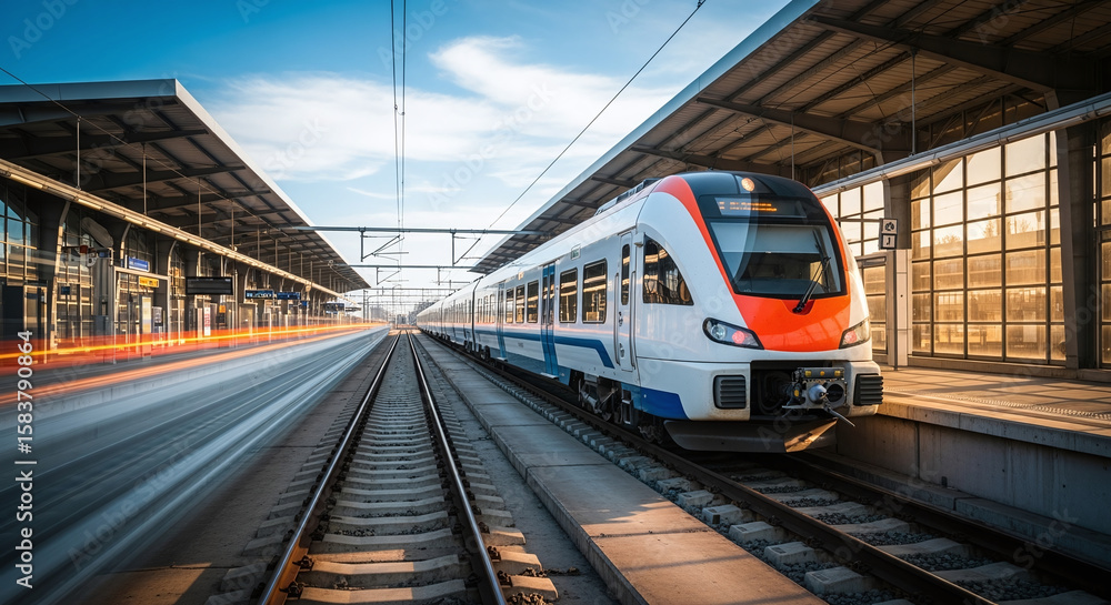 Naklejka premium High speed train on the railway station at sunset. Industrial landscape with modern intercity passenger train on the railway platform and blue cloudy sky. Railroad in Europe. Commercial transportation