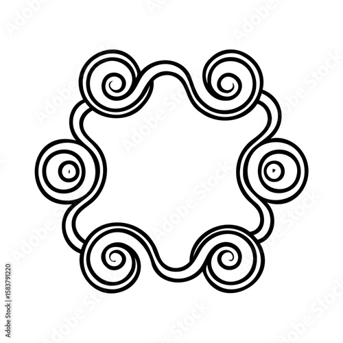 Stylized frame with swirling spiral elements a central open space on border graphic