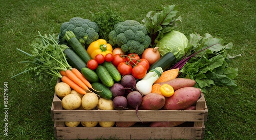 Wooden crate overflowing with fresh vegetables including broccoli tomatoes carrots potatoes and
