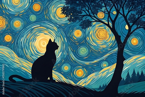 A black cat silhouette gazes at a swirling starry night sky, reminiscent of a famous painting, beside a bare tree