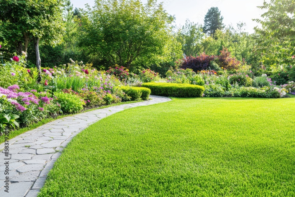 Obraz premium Serene backyard garden with curving grass path lined with stones, blooming seasonal flower beds, manicured hedges, ornamental shrubs, and morning sunlight, tranquil landscape, copyspace