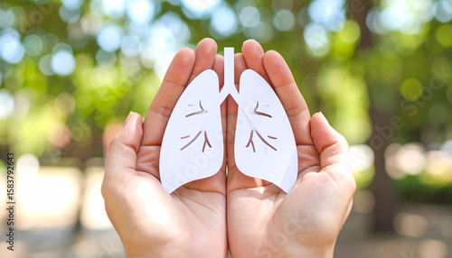 A pair of hands presenting a white ribbon with a lungs symbol, symbolizing unity and support for those affected by lung cancer. Ideal for awareness campaigns and health care illustrations.