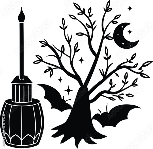 Halloween Candle tree Broomstick Silhouette Vector, lantern, flame, witchcraft, flying, candlelight