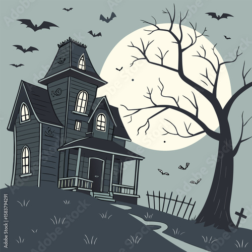 A spooky haunted house illustration in the dark woods on Halloween night, with a full moon in the sky