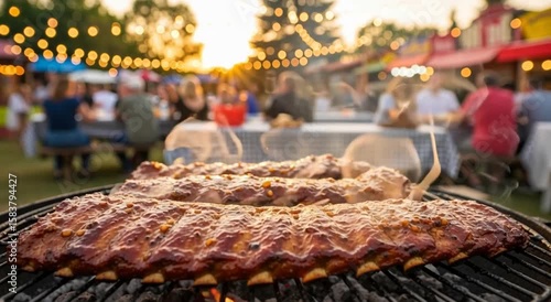 Close-up of barbecue pork ribs smoking on a grill at an outdoor summer party