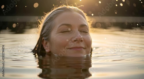 A mature woman with eyes closed relaxing in a lake at golden hour sunset