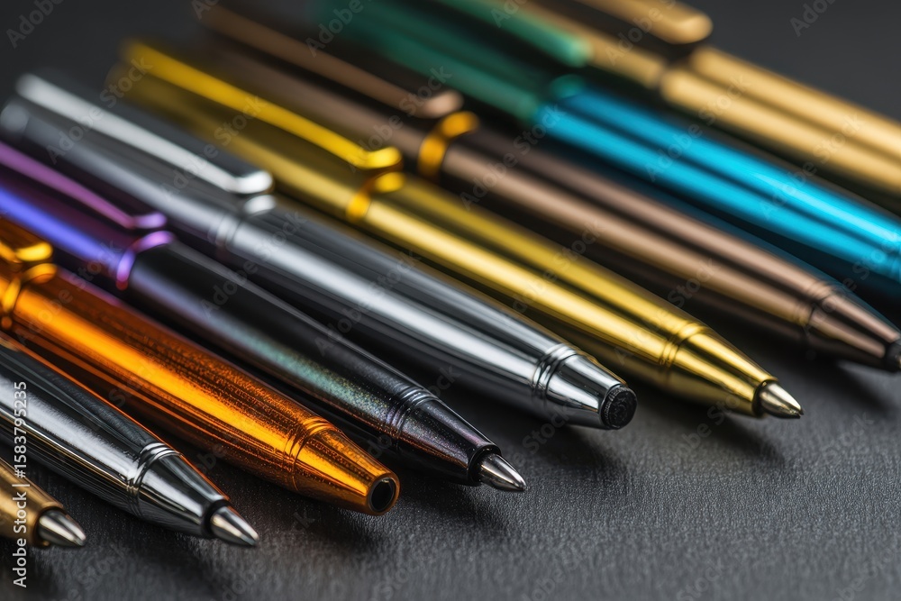 Fototapeta premium Colorful metallic pens arranged neatly on a dark surface for artistic inspiration and creative expression