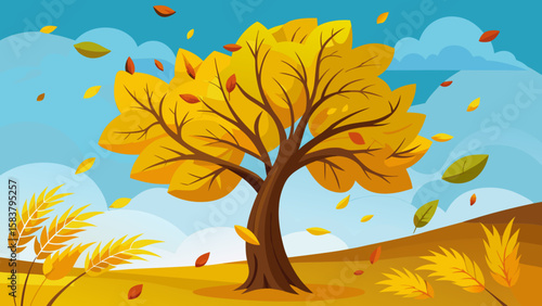Autumn tree with yellow leaves blowing in the wind on a golden landscape under blue sky