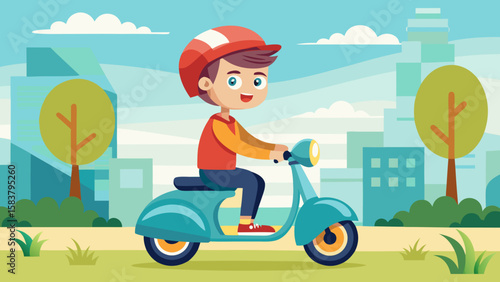 Cartoon boy in red helmet riding blue scooter through city park on a clear day