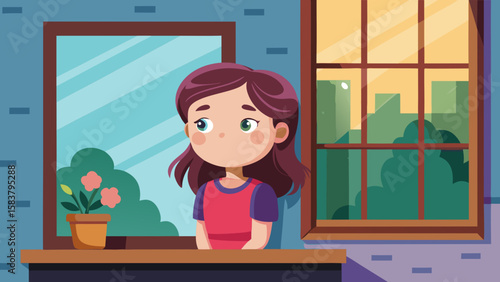 Cartoon girl with purple hair looking thoughtfully out of window during sunset with plant nearby