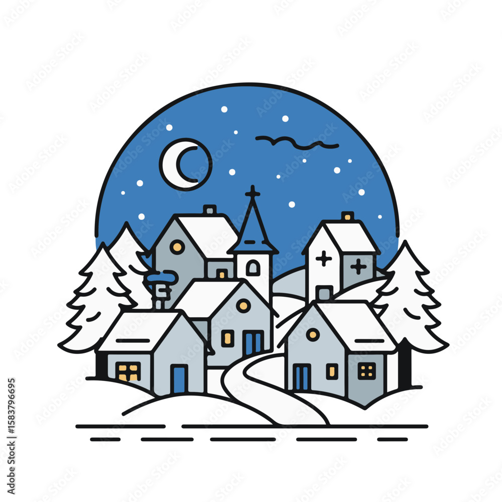 Fototapeta premium Winter village at night illustration.