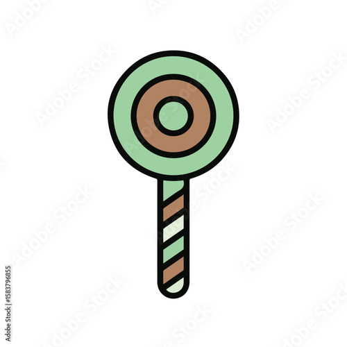 A close-up shot of a delicious lollipop with circular patterns and striped stick.