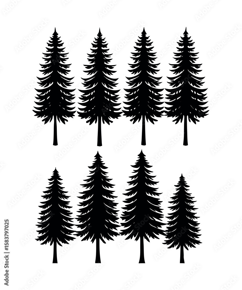 Obraz premium Evergreen Silhouette Ensemble: A meticulously crafted collection of stylized evergreen trees, perfectly rendered in striking black and white.
