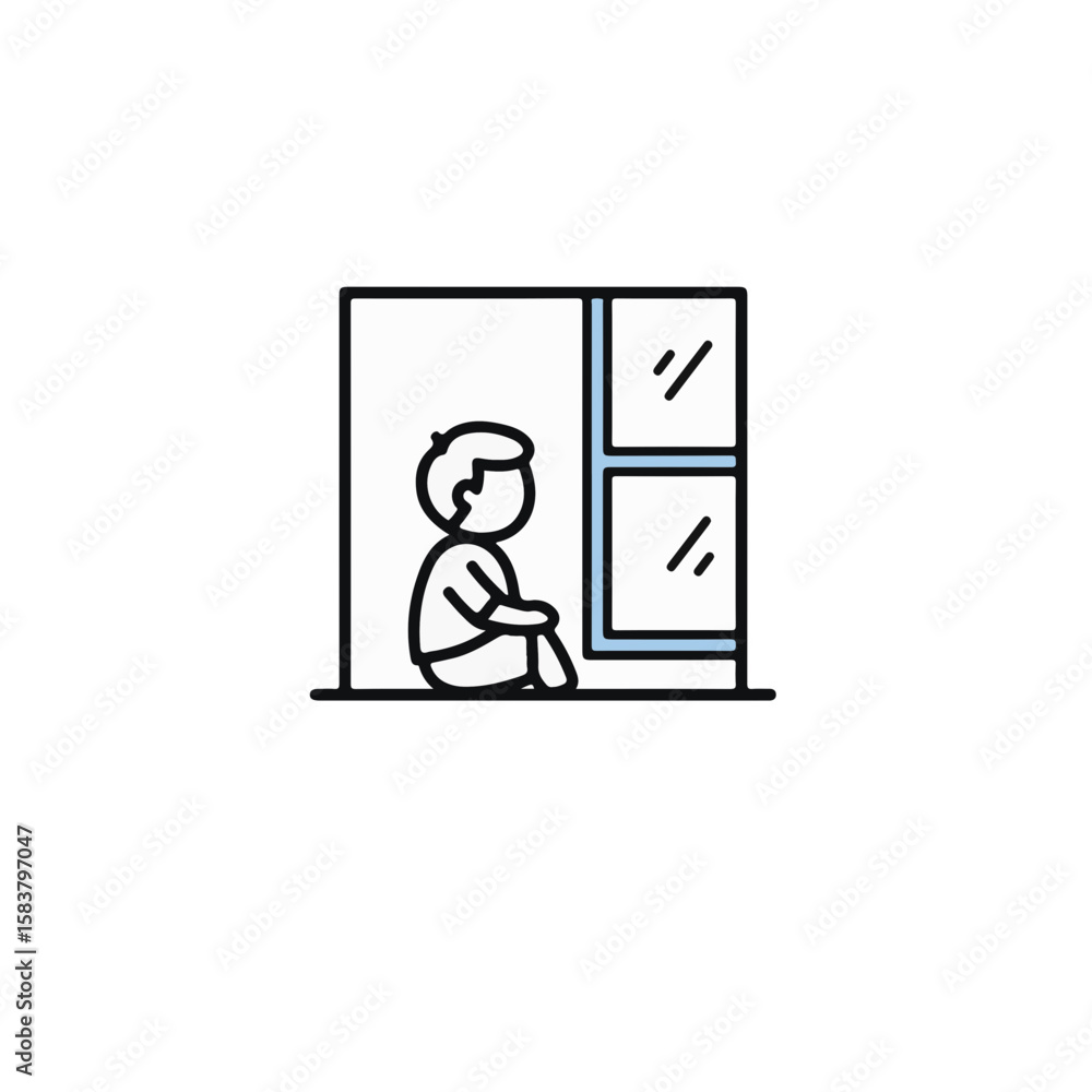 Obraz premium A child sits by a window, staring outside with a contemplative expression.