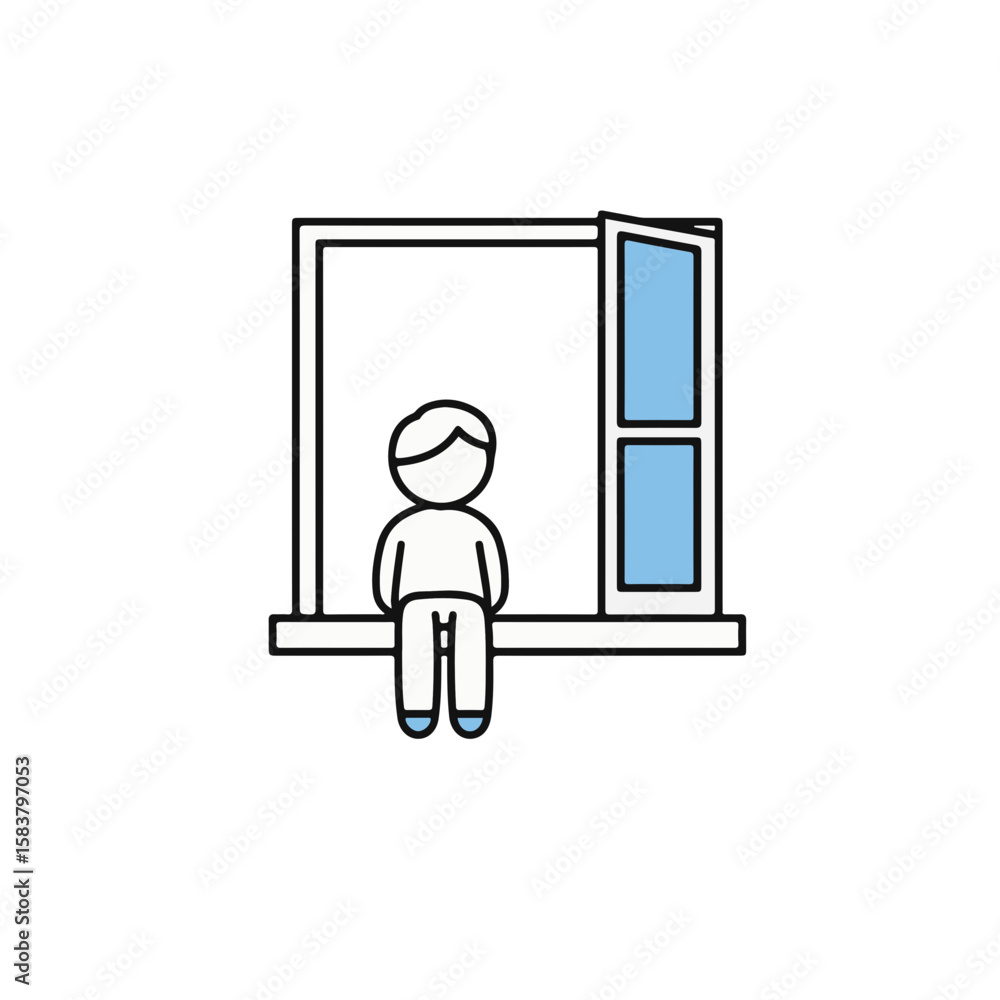 Fototapeta premium A simple cartoon illustration of a person sitting on a windowsill and looking outside.