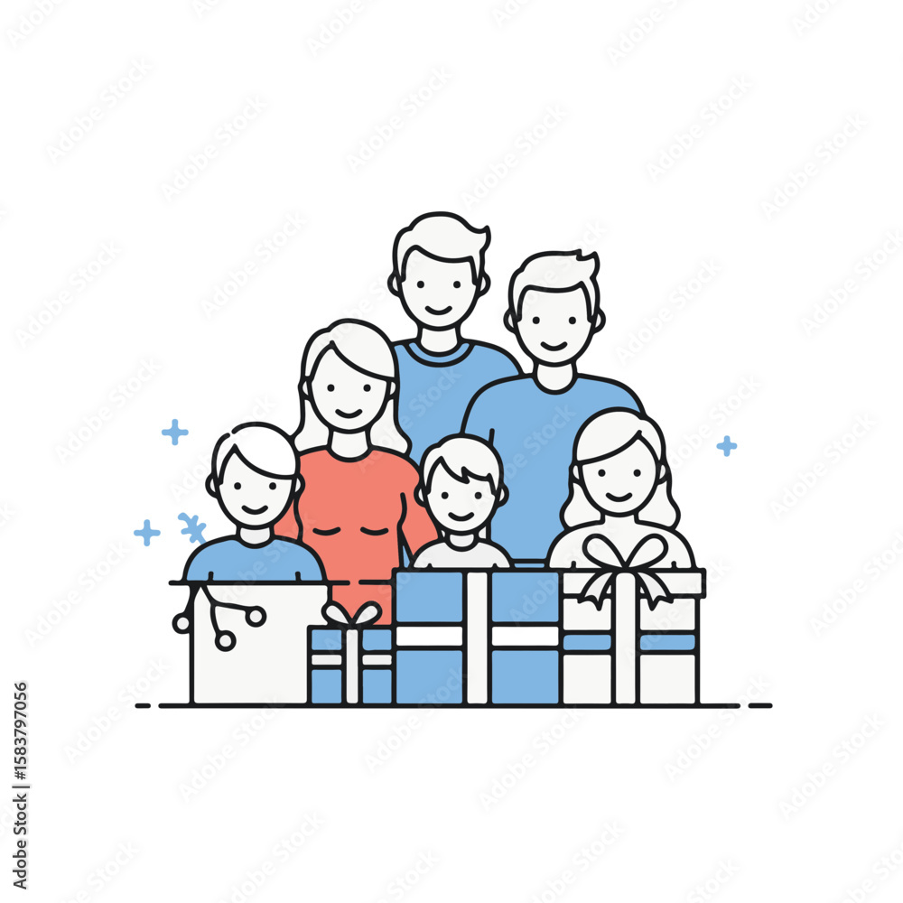 Family gathering surrounded by beautifully wrapped gifts. A snapshot of familial love, shared joy, and the celebration of togetherness. Family gathering surrounded by beautifully wrapped gifts. A snapshot of familial love, shared joy, and the celebration of togetherness.