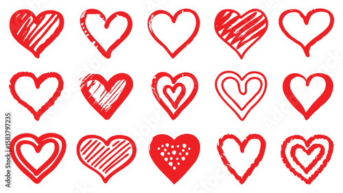 Fifteen red hearts in various hand drawn styles for Valentine's Day designs isolated on transparent background