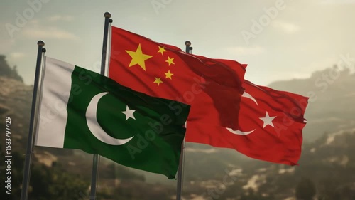 Three national flags waving in the wind: pakistan, china, and turkey against a blurred background