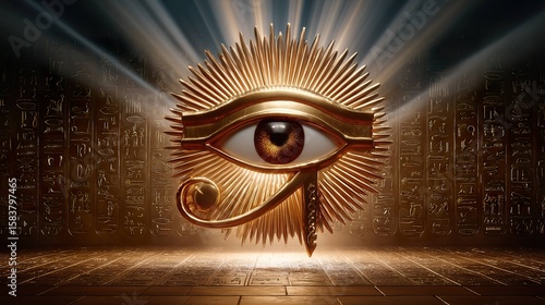 Golden eye of horus symbol against hieroglyphs