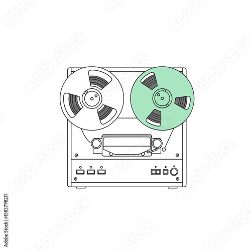 Analog reel-to-reel tape recorder with green reels for music production  