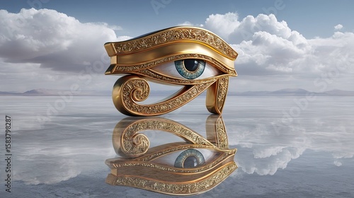 Golden eye symbol against calm lake background