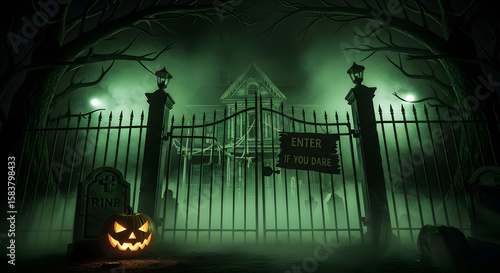 A spooky haunted house behind a gate with a jackolantern in a foggy cemetery