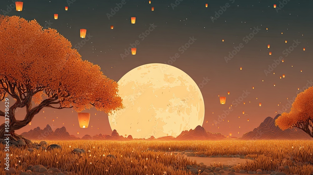 Naklejka premium Mid-Autumn Festival Asian Backgrounds in Illustrated and Watercolor Style