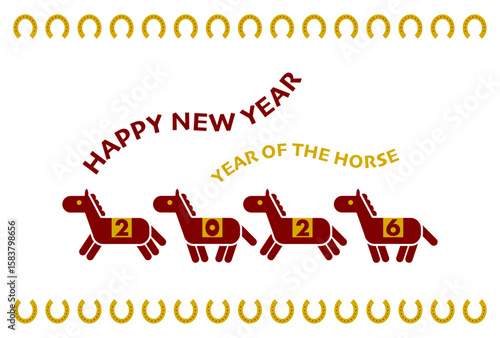馬アイコンと蹄鉄模様の2026年午年年賀状