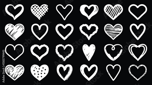 White heart shapes in various styles are arranged pattern isolated on transparent background