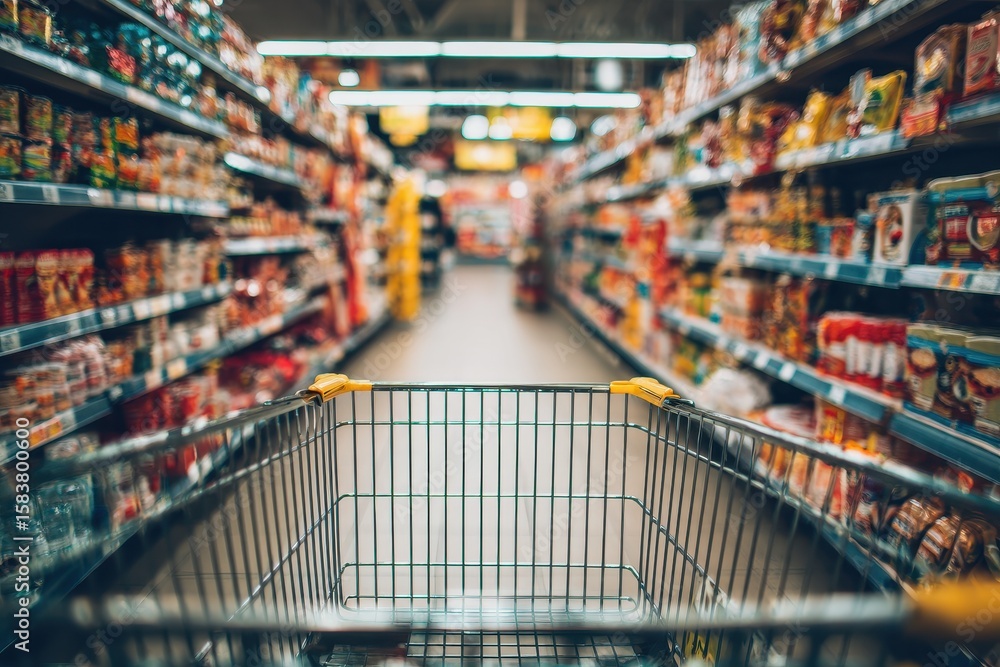 Naklejka premium Shopping cart stands ready for grocery shopping in a well-stocked aisle filled with various products and items during a busy market day