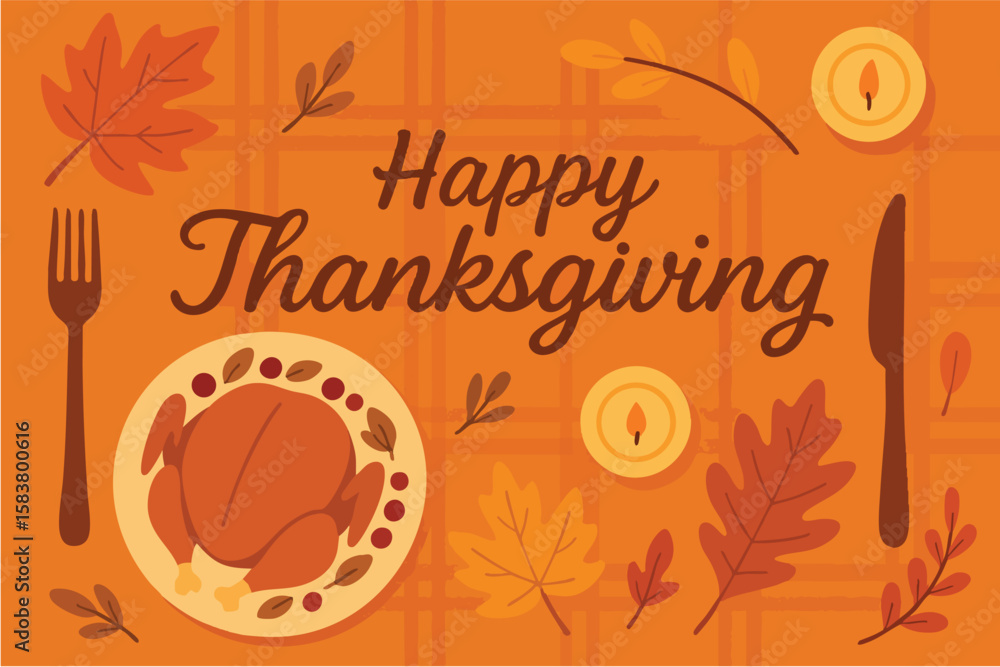 Fototapeta premium Thanksgiving celebration featuring a decorated table with a roasted turkey and autumn leaves