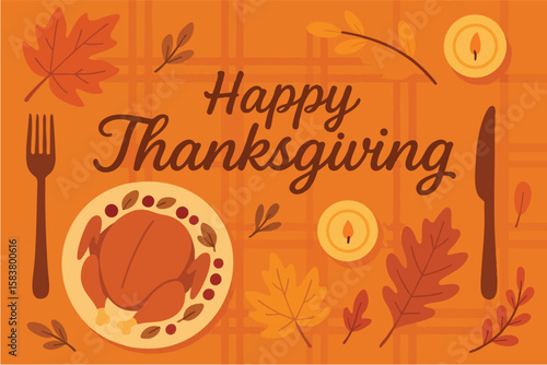 Thanksgiving celebration featuring a decorated table with a roasted turkey and autumn leaves