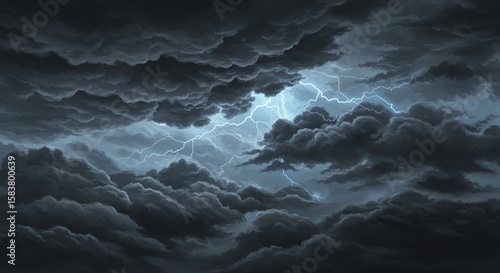 Dark Storm Clouds with Bright Lightning Strikes in Thunderstorm Sky