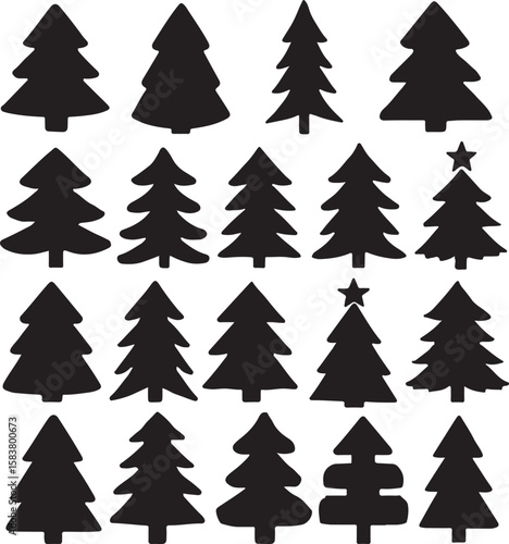 Collection of Hand-Drawn Christmas Tree Silhouettes Perfect for Holiday Crafts and Designs