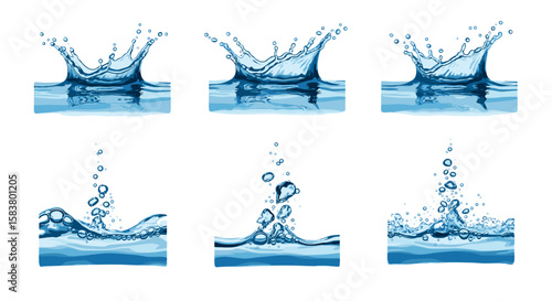 Illustration of six water splashes with droplets and ripples on a white isolated background design element