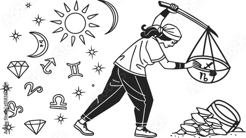 A Person Carrying a Scale with Zodiac Symbols and Celestial Elements in a Minimalist Black and White Line Art Style