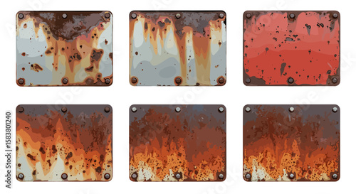 Collection of six square metal plates with rust and bolt details in varying color and texture style