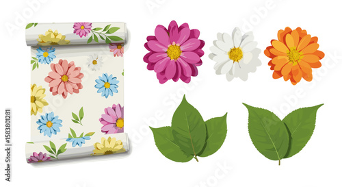 Floral patterned roll with pink, white, and orange flowers alongside green leaves on white background