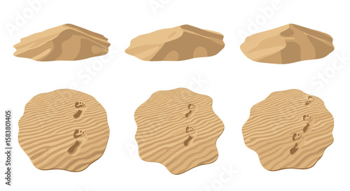 Illustration showing sand dunes and sand patches with footprints on a white background scene view