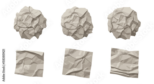 Illustration showing three crumpled paper balls and three crumpled paper sheets on a white background