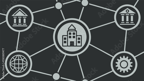 Dark Gray Minimalist Pixel Art Icons Grid Network Showing Interconnected Office Building Bank Globe Gear Symbols