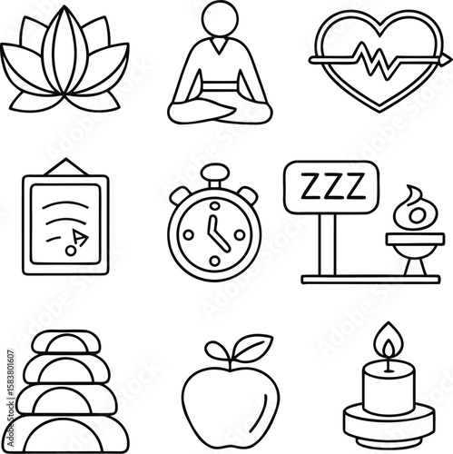 Nine Black Line Art Icons Depicting Wellness Concepts Including Lotus Flower Meditation Heart Rate Stopwatch Apple Candle and Zen Stones